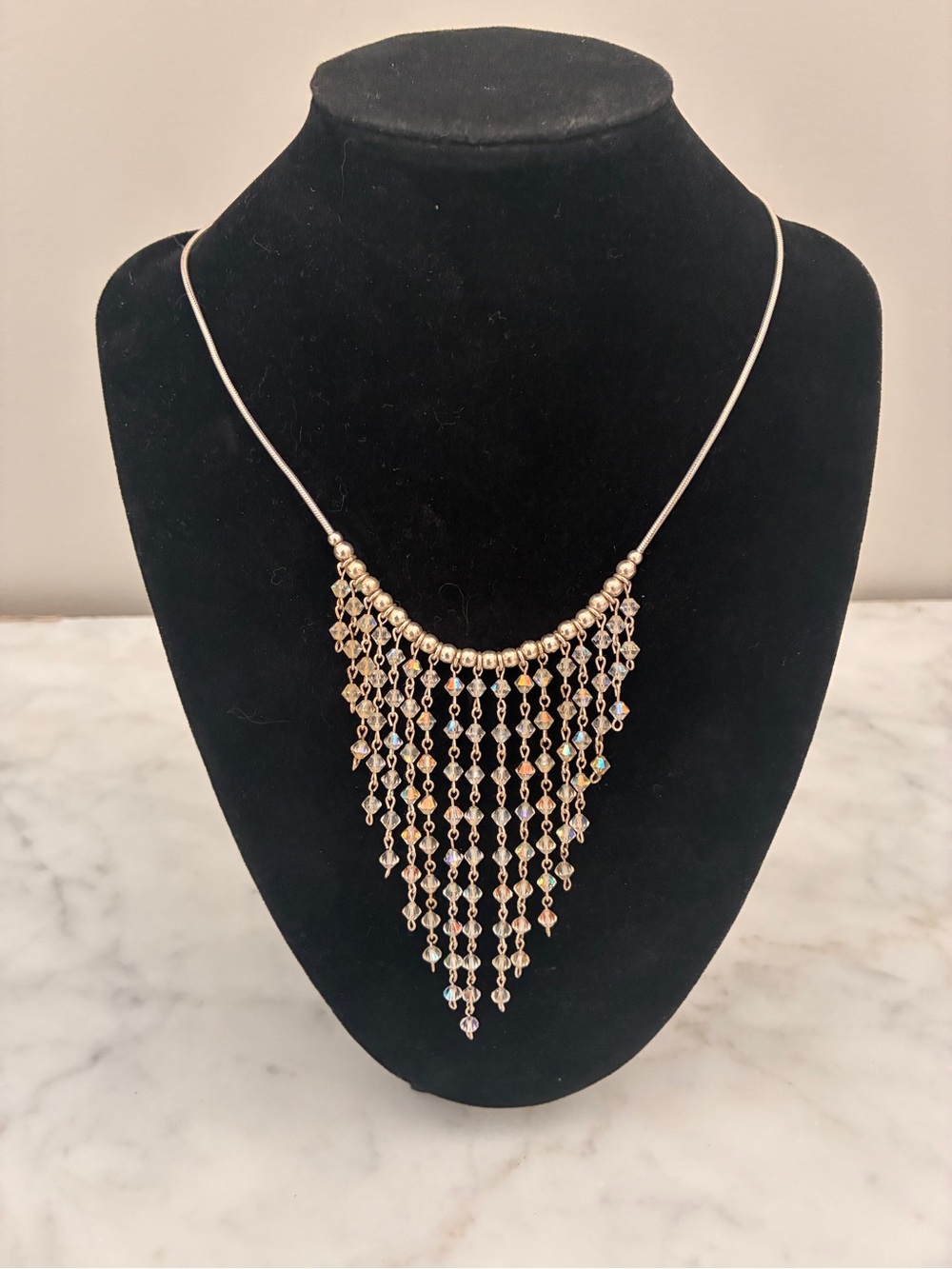 Rare Milor Sterling Silver Fringe Waterfall Necklace Crystal Beads Vintage Italy